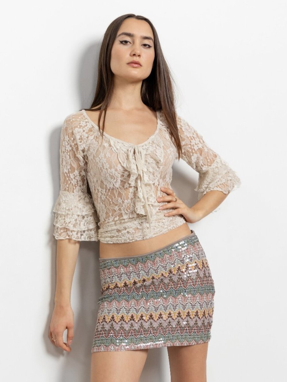 Vintage Y2K Sequin Mini Skirt – Pastel Sparkly Low Rise (Size Small)